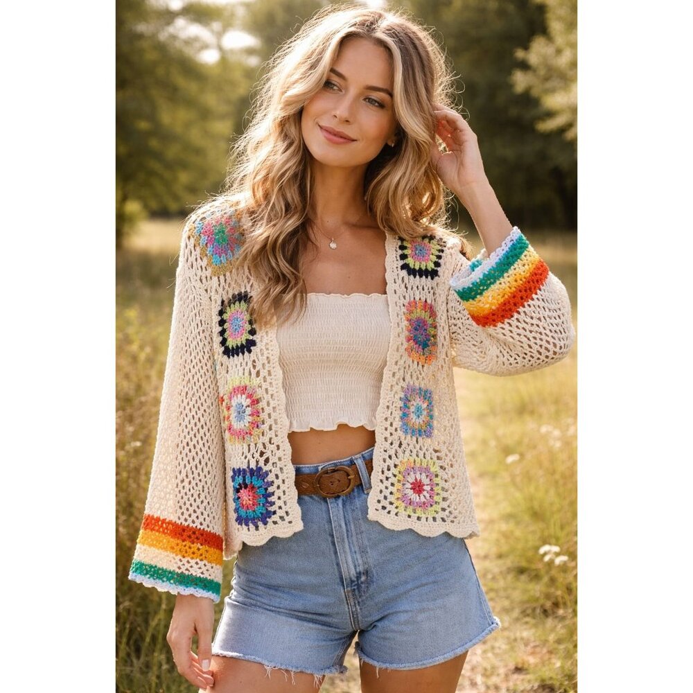 Vintage Granny Square Crochet Cardigan Boho Cottagecore Festival Hippie Sz‎ M L